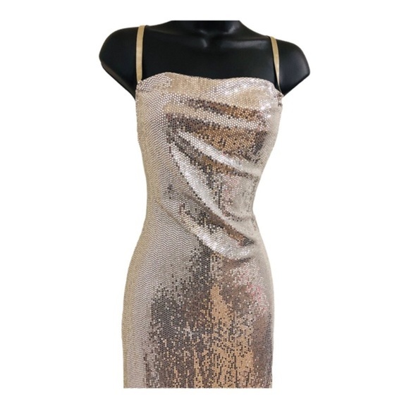 Bebe silver sequin cowl neck adjustable strap‎ slip style gown dress size large - Picture 13 of 15